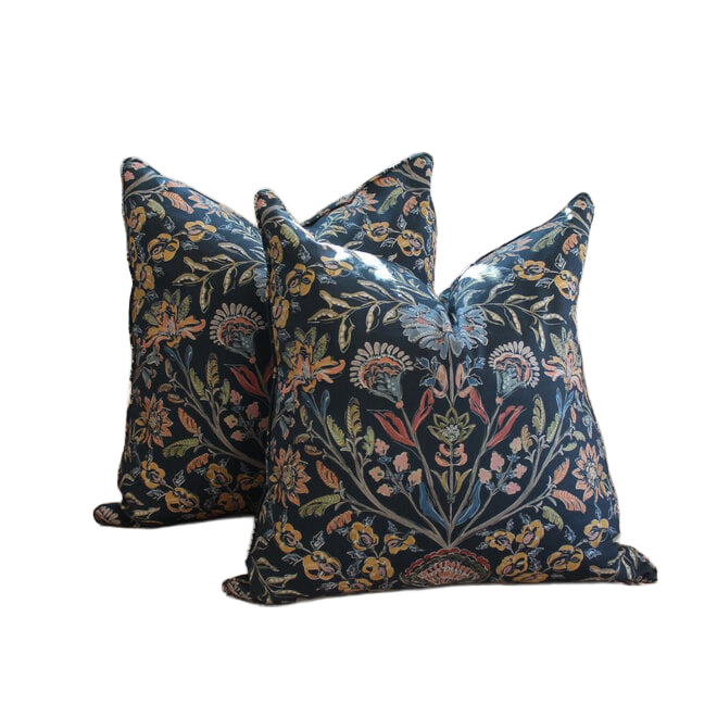 Pair of Custom Pillows in a Navy Floral Fabric - 22x22