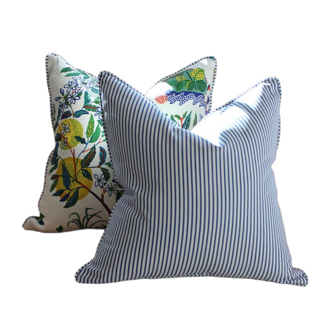 Custom Down Blend Pillows in Schumacher Citrus Garden Fabric with Blue Ticking Fabric Back - Set of 2