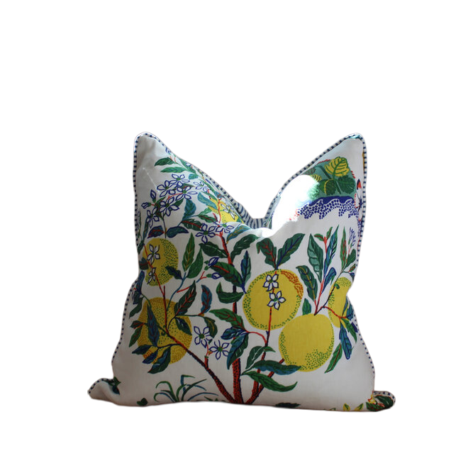 Custom Down Blend Pillows in Schumacher Citrus Garden Fabric with Blue Ticking Fabric Back - Set of 2