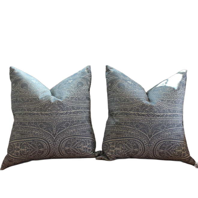 Pair of Down Blend Pillows in Intricate Silver Fabric - 22x22