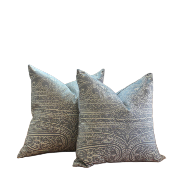 Pair of Down Blend Pillows in Intricate Silver Fabric - 22x22