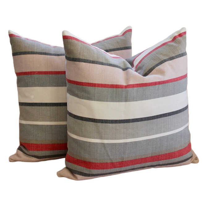 Pair of Pillows - Gray, Pink, & Red Striped Fabric