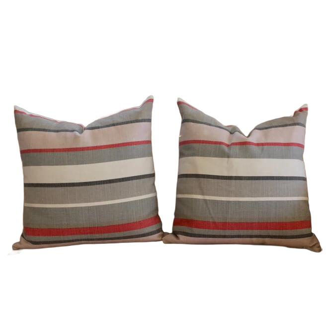 Pair of Pillows - Gray, Pink, & Red Striped Fabric