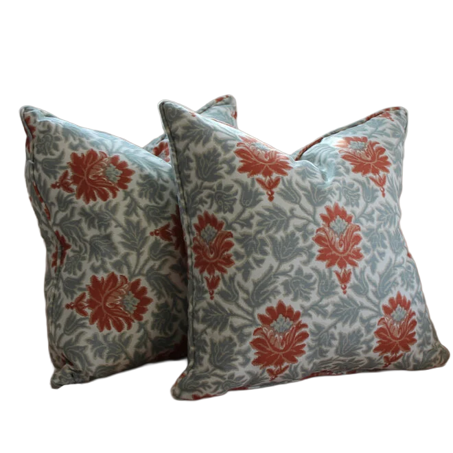 Pair of Down Blend Custom Pillows - Slate Blue, Coral, & Light Taupe Fabric