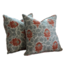 Pair of Down Blend Custom Pillows - Slate Blue, Coral, & Light Taupe Fabric