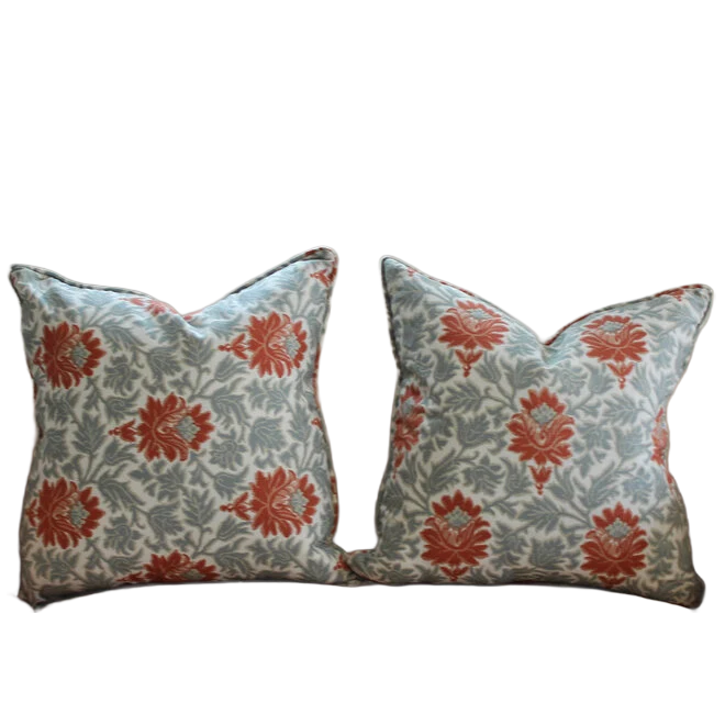 Pair of Down Blend Custom Pillows - Slate Blue, Coral, & Light Taupe Fabric