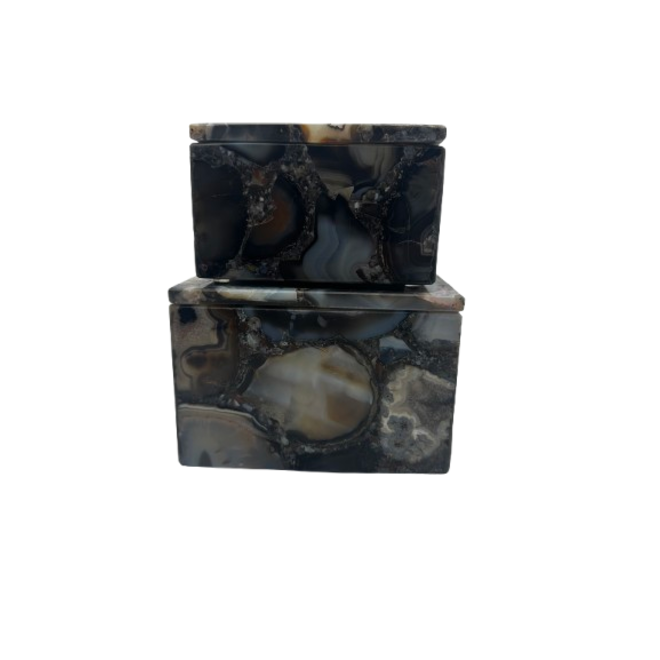 Set of 2 Black Agate Square Boxes