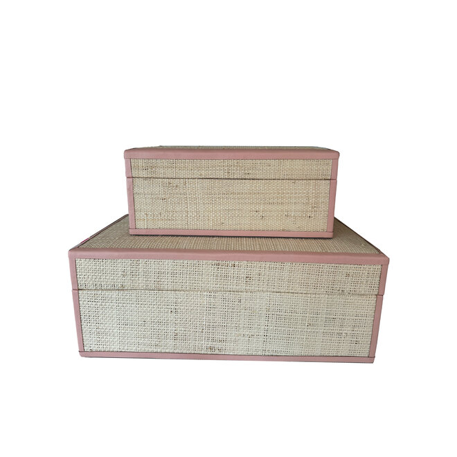 Raffia Box with Pink Leather Trim - Large