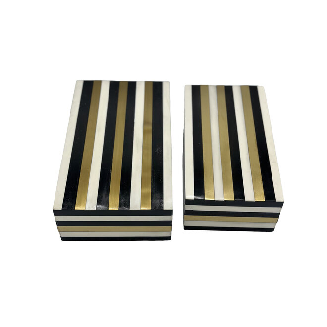 Set of 2 Black, White, and Gold Striped Boxes
