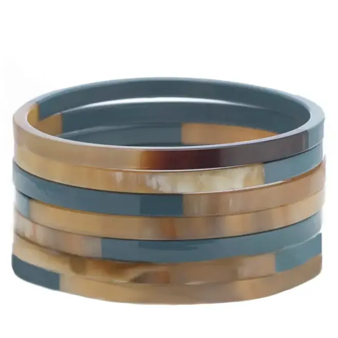 Natural Horn Bangle Set with Blue Gray Lacquer