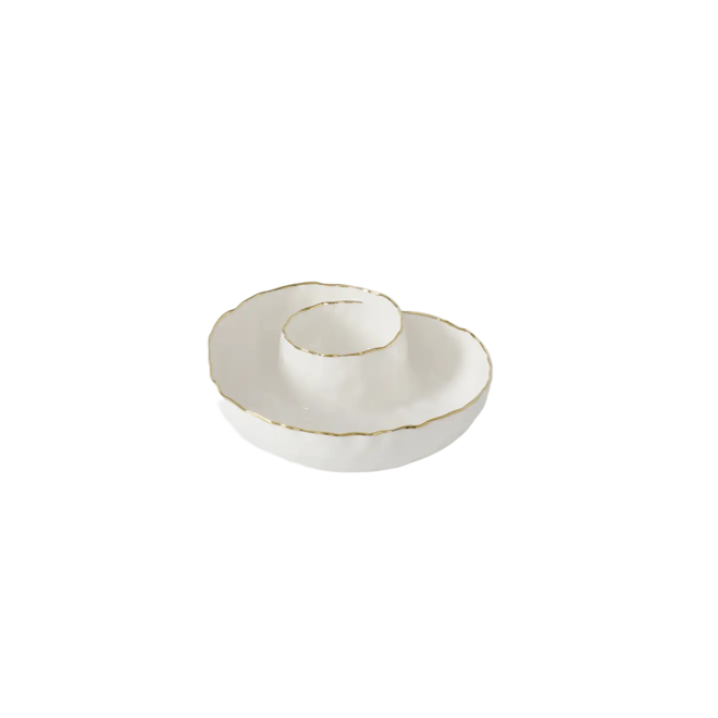 White Chip and Dip Bowl with Gold Trim