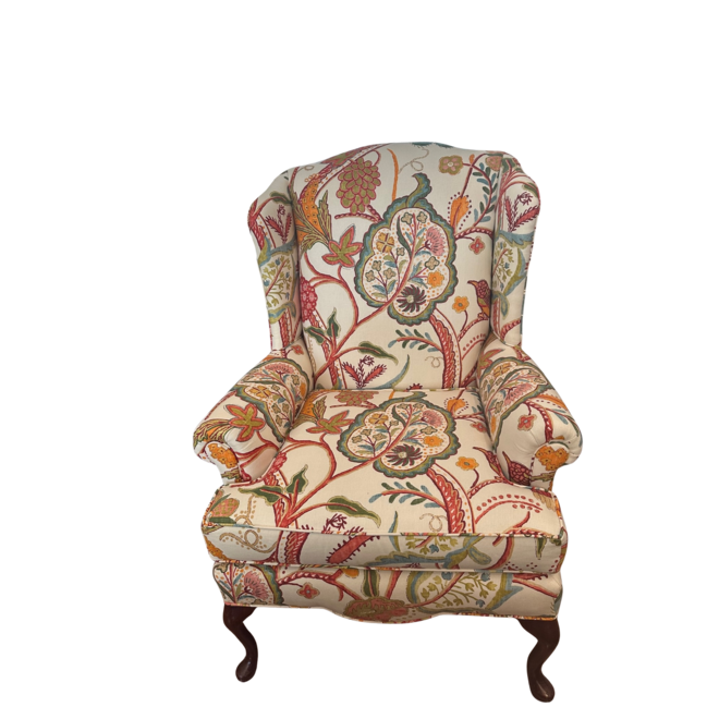 Custom Wing Chair Covered in Thibaut "Windsor Cream & Red"