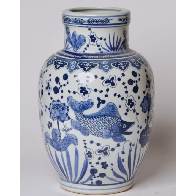 Blue & White Porcelain Fish and Lotus Vase