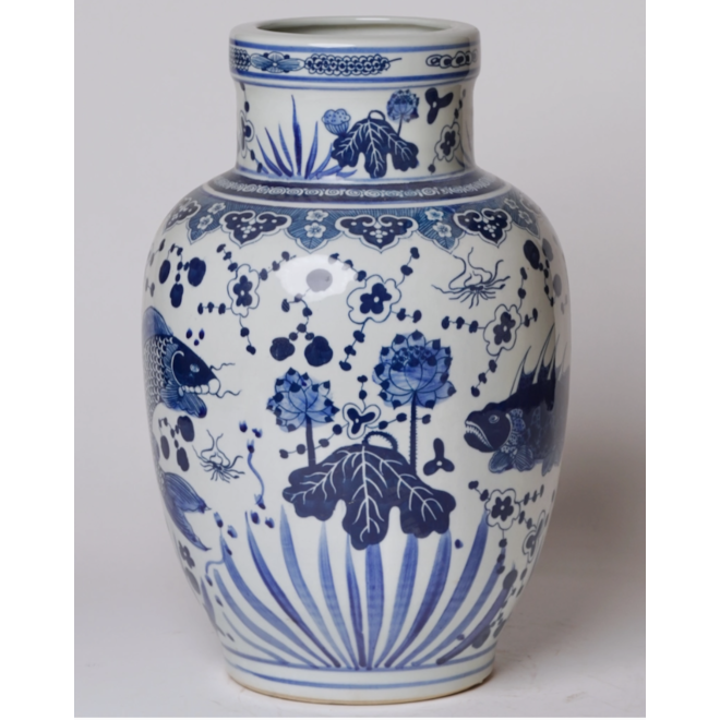 Blue & White Porcelain Fish and Lotus Vase