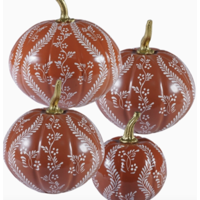 Extra Small Rusty Red Tole Pumpkin with White Floral & Vine