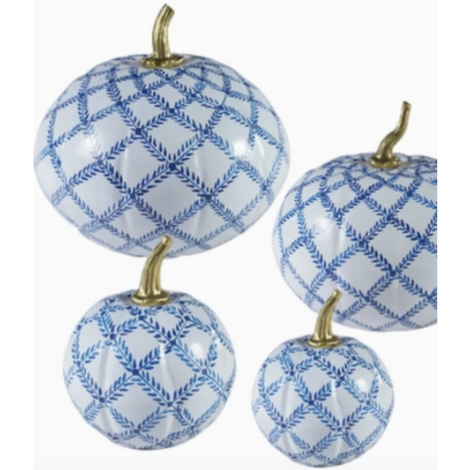 Extra Small White Tole Pumpkin with Blue Vine Trellis