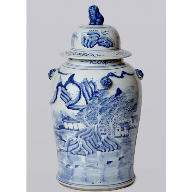 Blue & White Porcelain Landscape Temple Jar