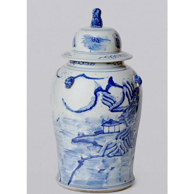 Blue & White Porcelain Landscape Temple Jar