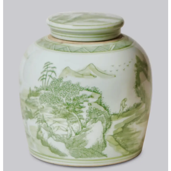 Green & White Porcelain Landscape Jar