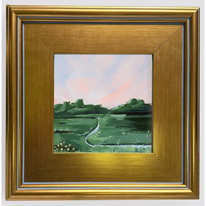 Landscape in Pink and Green in Gold Frame