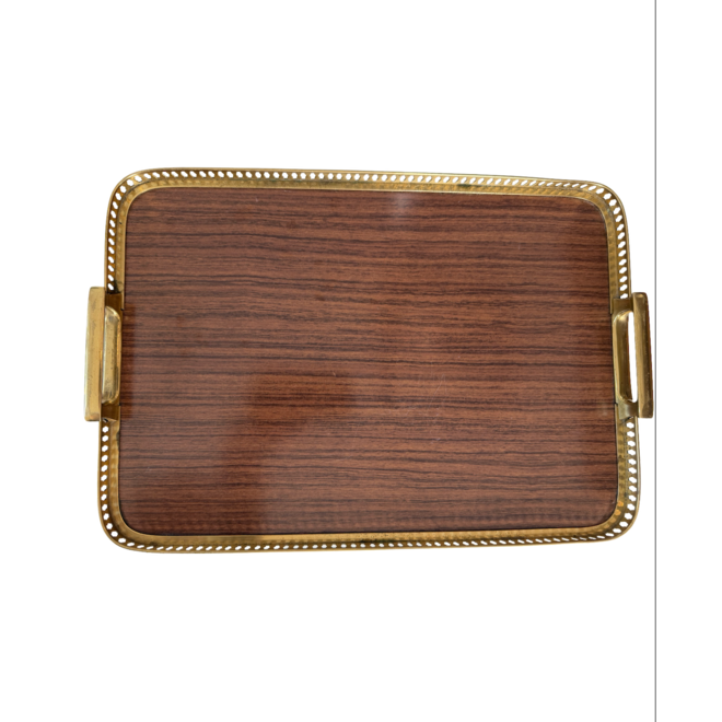Vintage Brass and Wood Veneer Tray