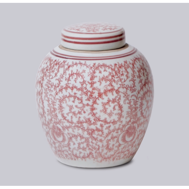 Red and White Porcelain Scrolling Peony Round Jar