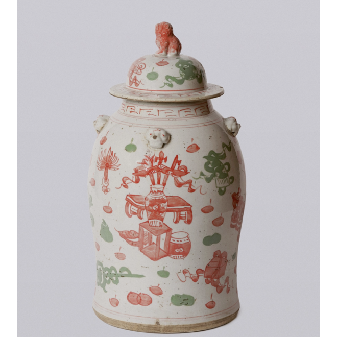 Pink and Green Porcelain Ancient Treasures Temple Jar