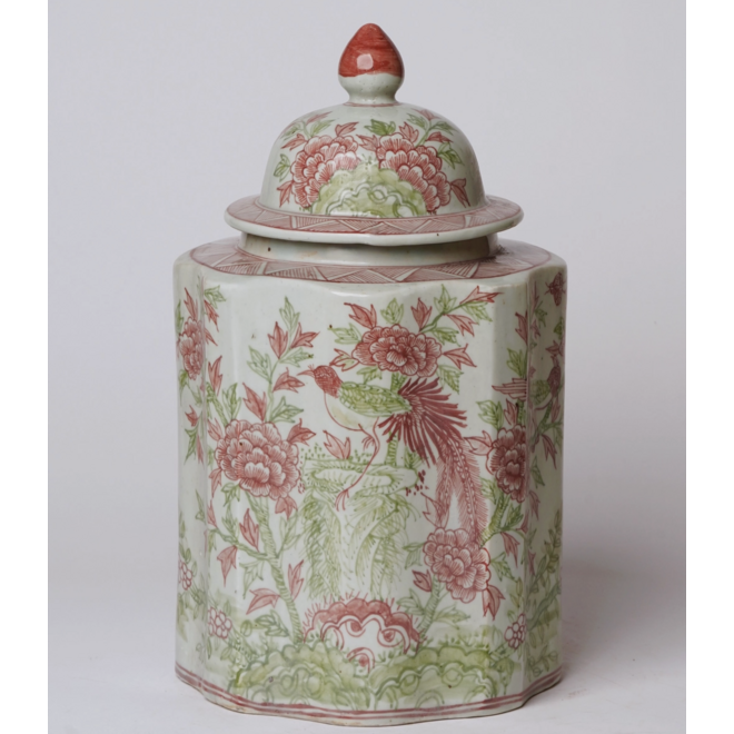 Pink and Green Porcelain Golden Pheasant Ribbed Lidded Jar