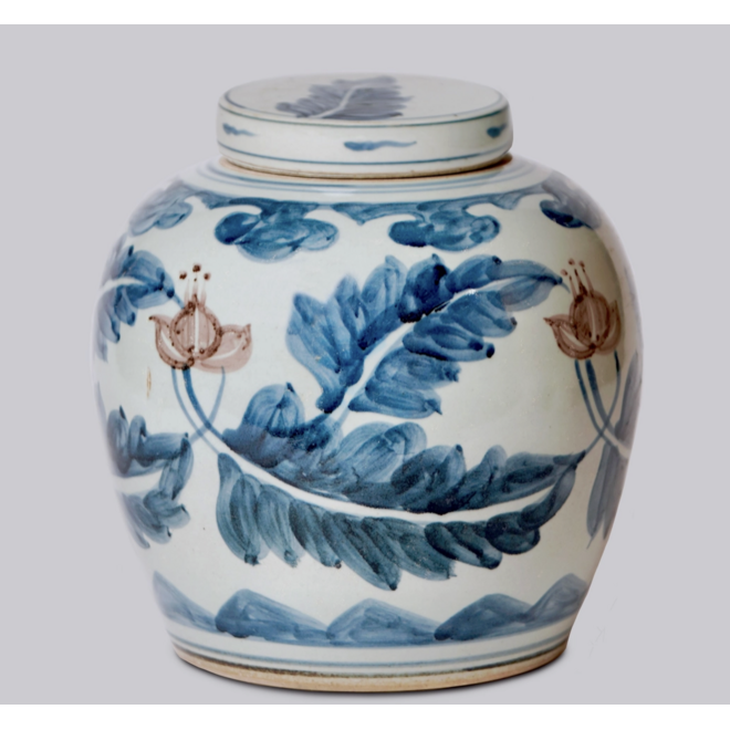 Floral Red, Blue, and White Porcelain Jar