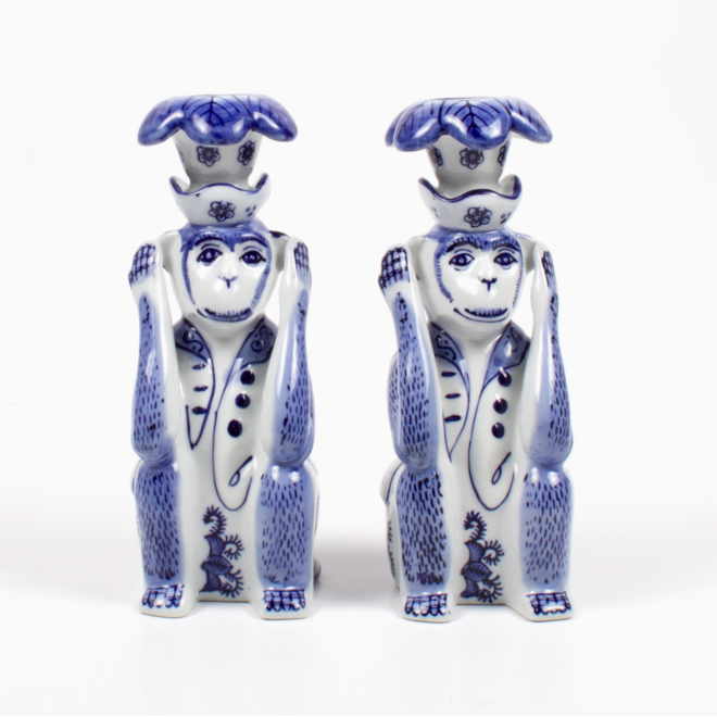 Set of Two Porcelain Chinoiserie Monkey Candlesticks