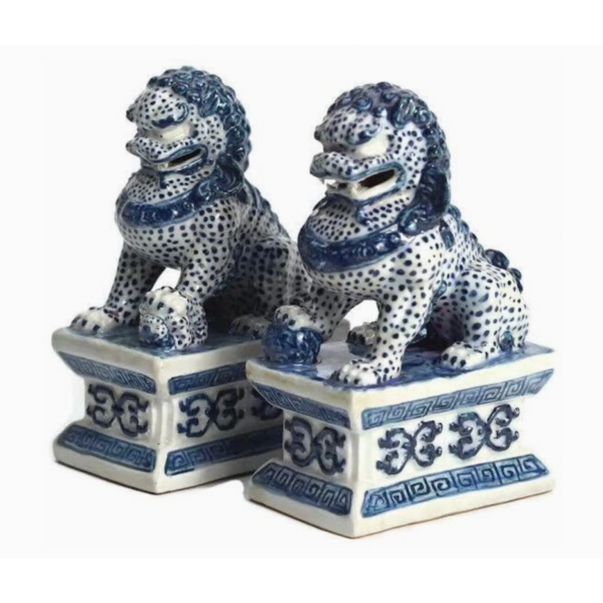Pair of Mini Blue and White Foo Dogs