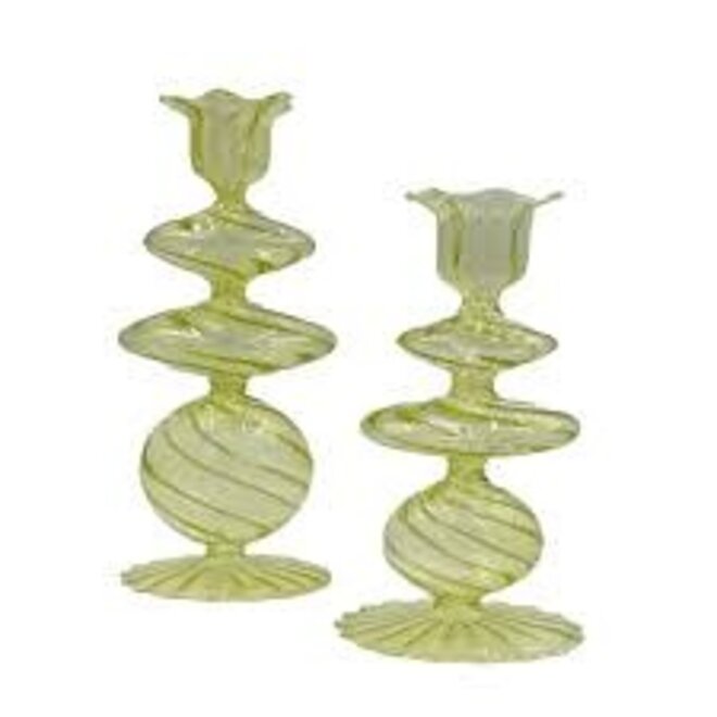 Green Glass Candlestick - Set of 2 (Medium)