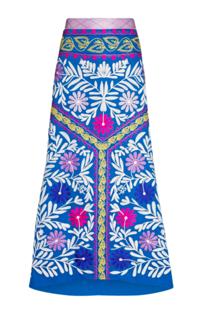 ALEXIS EMBROIDERED TROPICAL BLOOM MIDI SKIRT