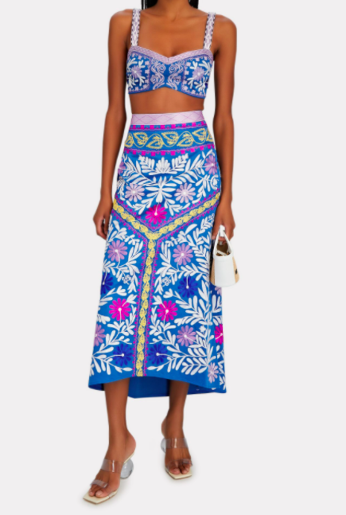 ALEXIS EMBROIDERED TROPICAL BLOOM MIDI SKIRT