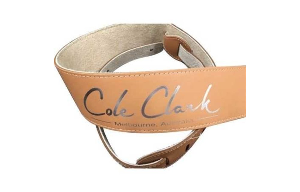 Cole Clark Leather Guitar Strap, Tan w/Silver Lettering