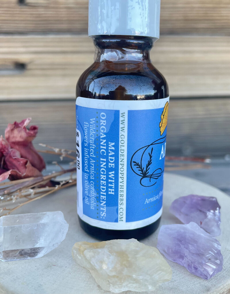 Golden Poppy Herbs Arnica Flower Infused Olive Oil, Wildcrafted, 1oz bottle