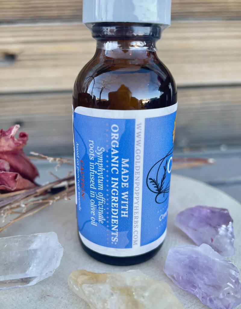 Golden Poppy Herbs Comfrey Root Infused Olive Oil, Organic, 1oz bottle