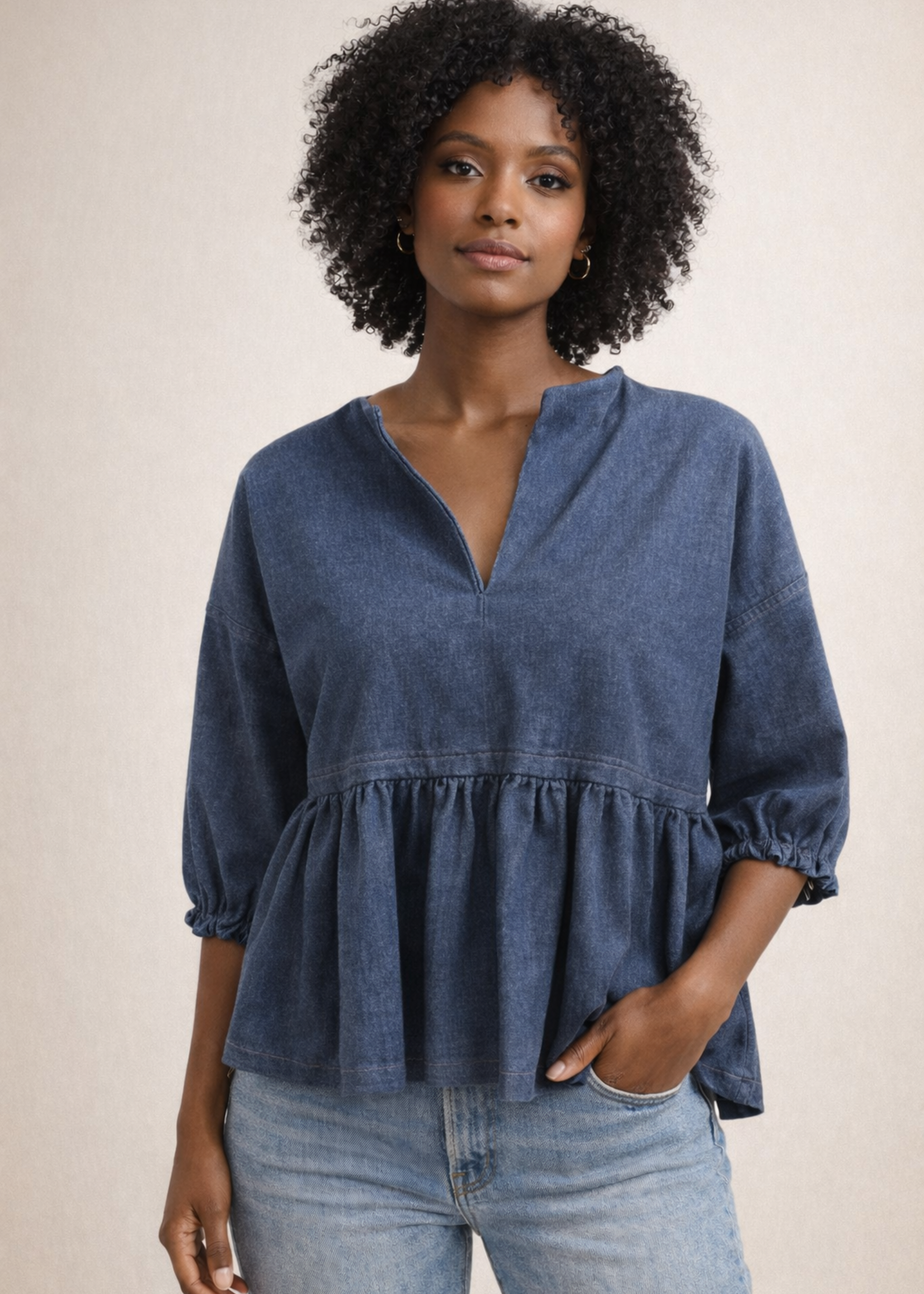 SARAH KUENYEFU LONG POET SLEEVE BABY DOLL  DENIM TOP