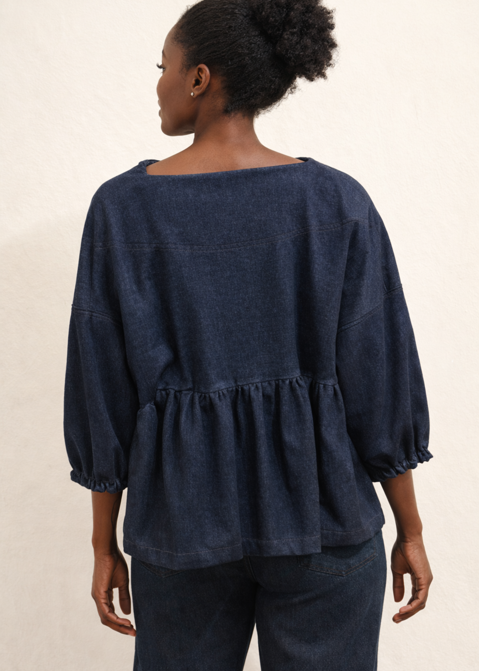 SARAH KUENYEFU LONG POET SLEEVE BABY DOLL  DENIM TOP