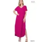 Zenana Plus V-Neck Short Sleeve Side Slit Maxi Dress