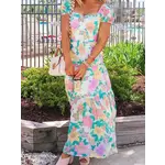 Full Time Purchase Square Neck Puff Sleeve Tiered Floral Maxi Dress