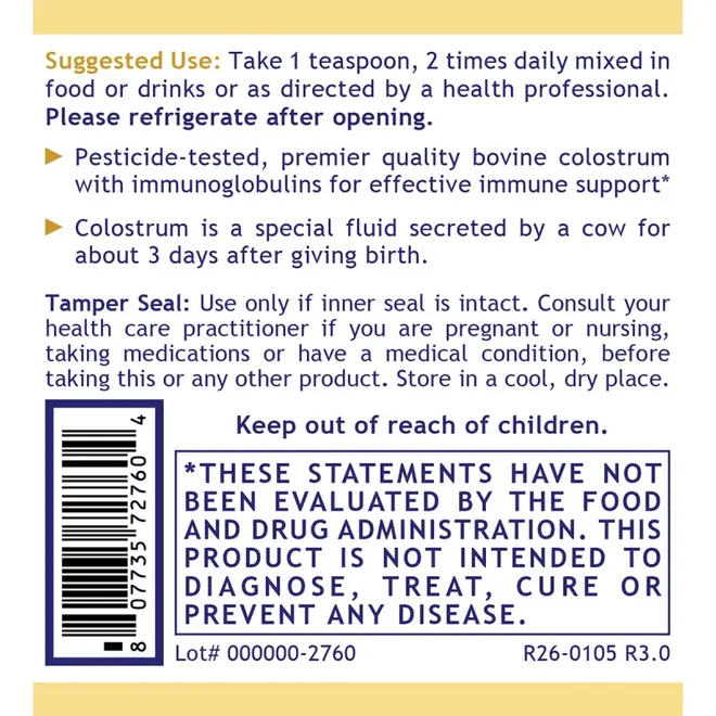 Colostrum-IgG Powder 4oz, GrassFed