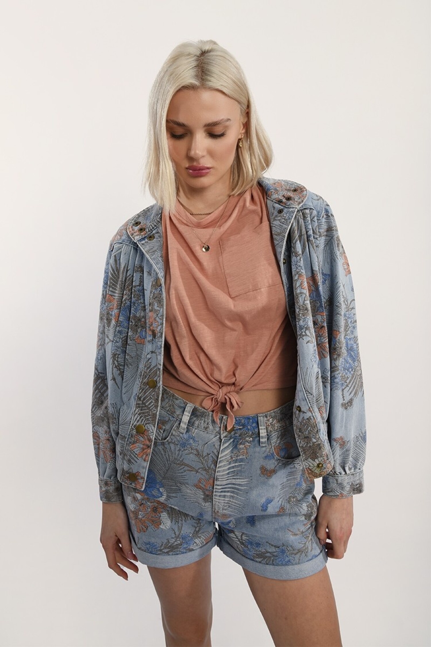 Floral print denim jacket printed denim Molly Bracken