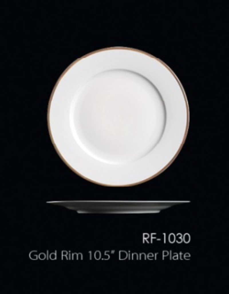 UNIVERSAL ENTERPRISES, INC. RF-1030 available 10.5” Dinner Plate w/ Gold Rim 12/cs