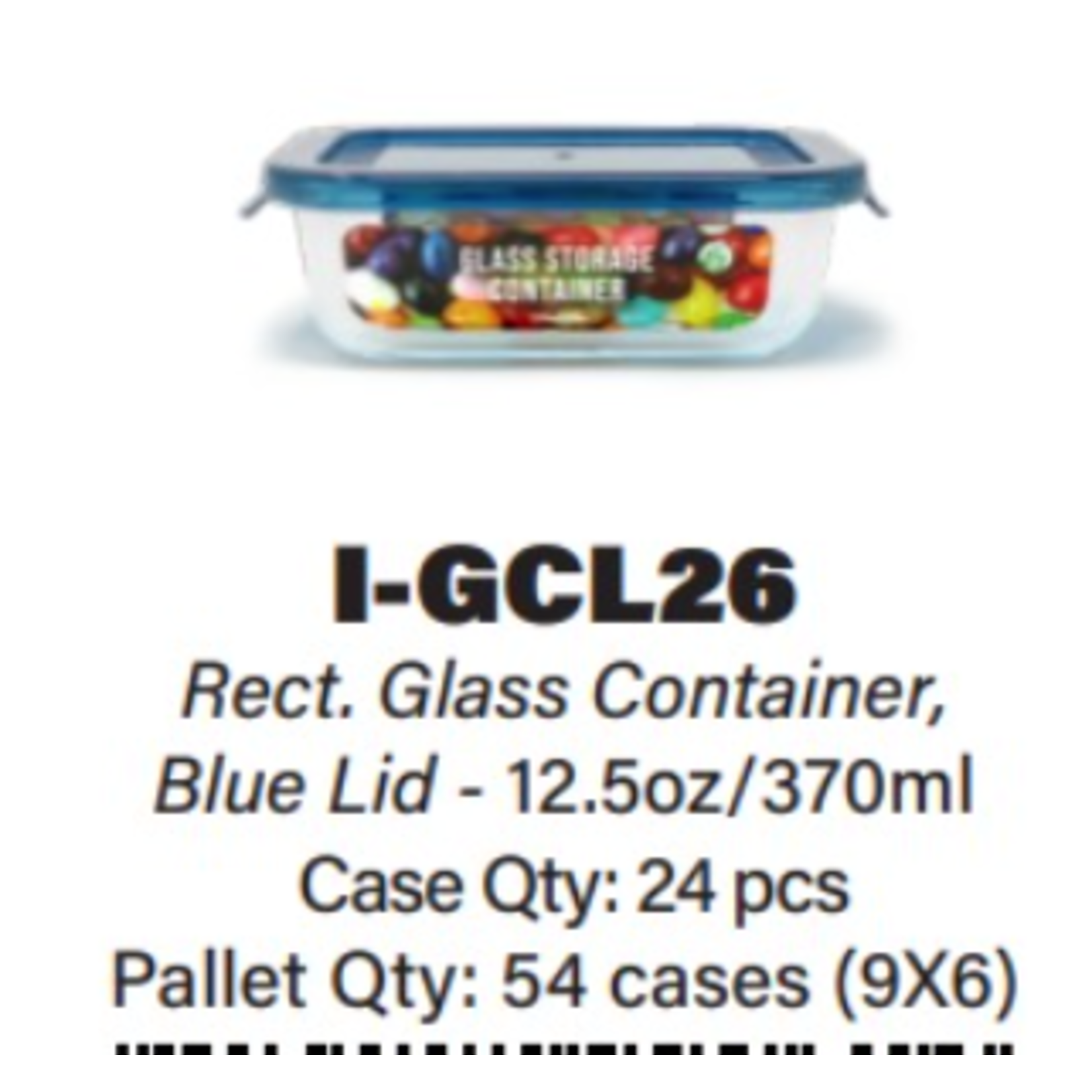Wells International Marketing Group I-GCL26 Wells 12 oz Rect. Glass Container blue lid 24/cs