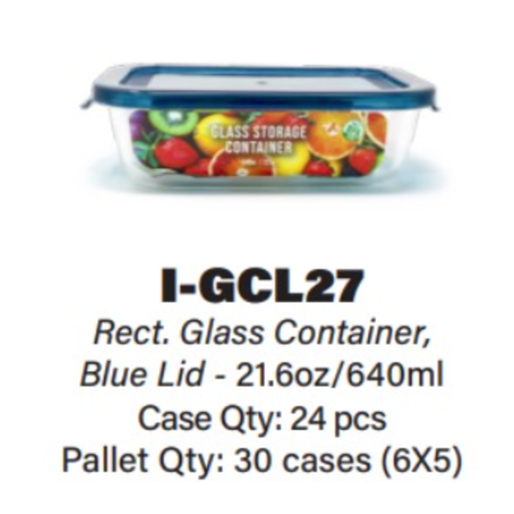 Wells International Marketing Group I-GCL27 Wells 21.6 oz Rect. Glass Container blue lid 24/cs
