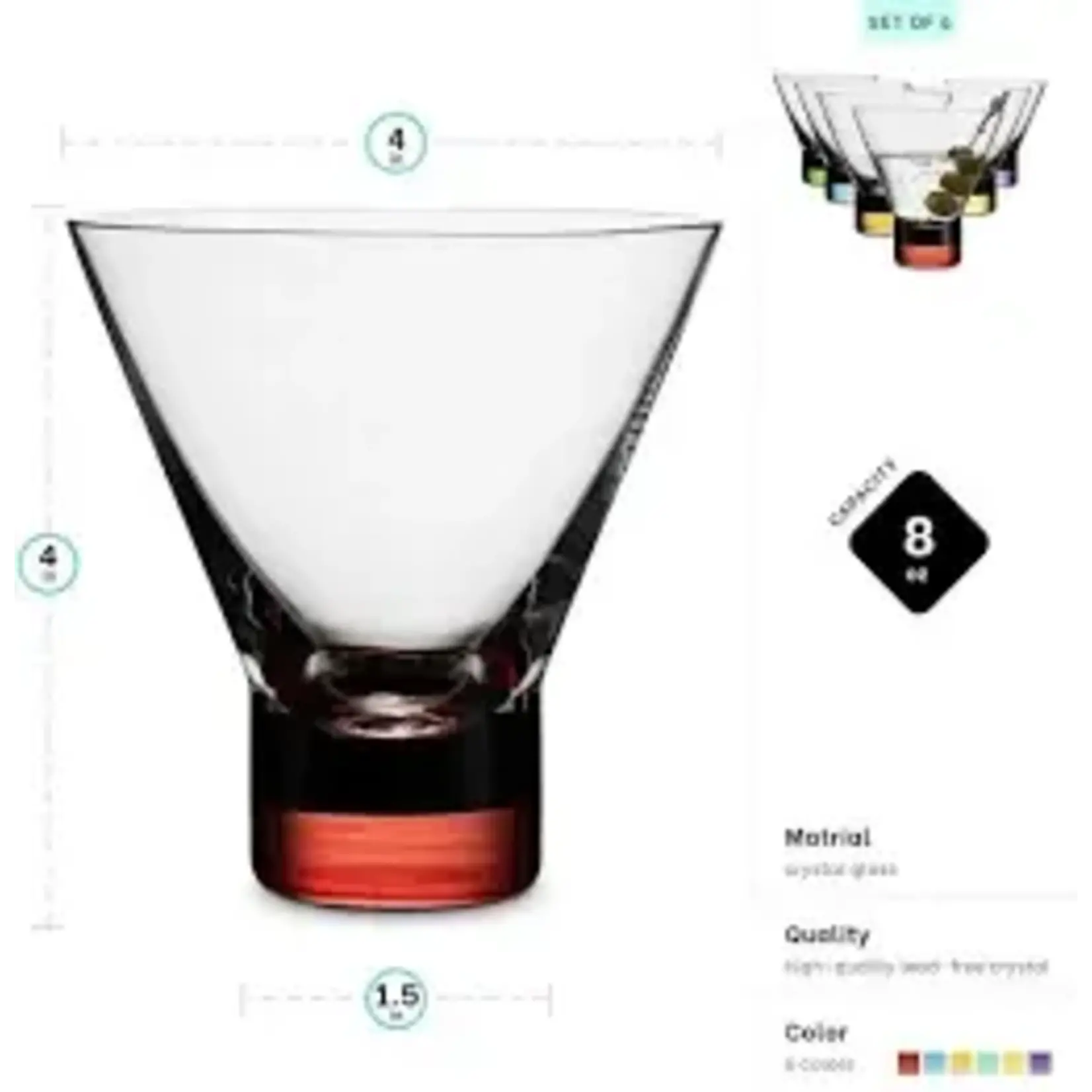 special order MK-8MG-CL Kadra 8 oz stemless  wine  martini glass colorful base