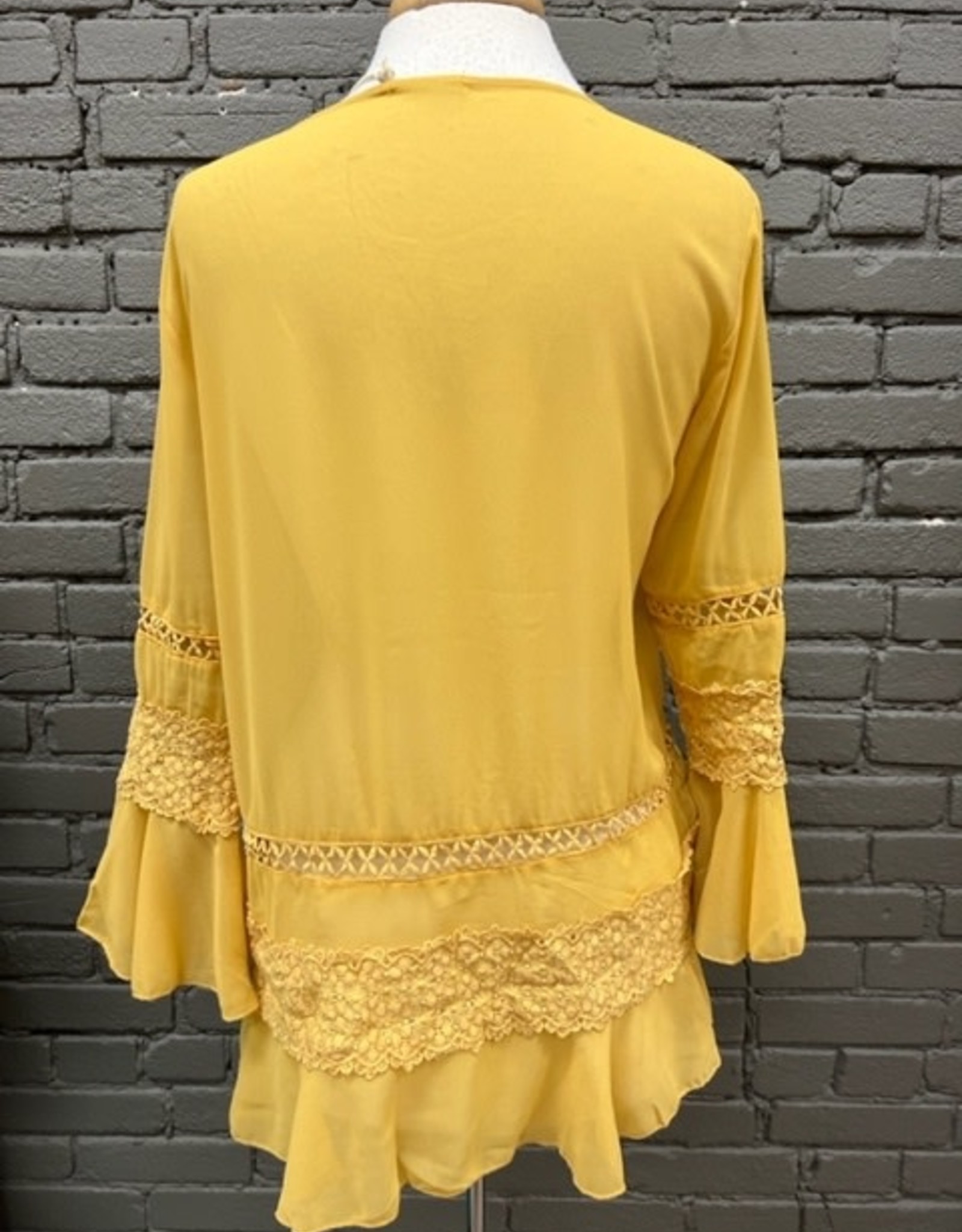 Shirt Robin Mustard Sheer Ruffle Bell Sleeve Top