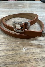 Belt Skinny Solid Belt w/ Western Buckle-Brown