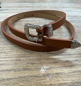Belt Skinny Solid Belt w/ Western Buckle-Brown